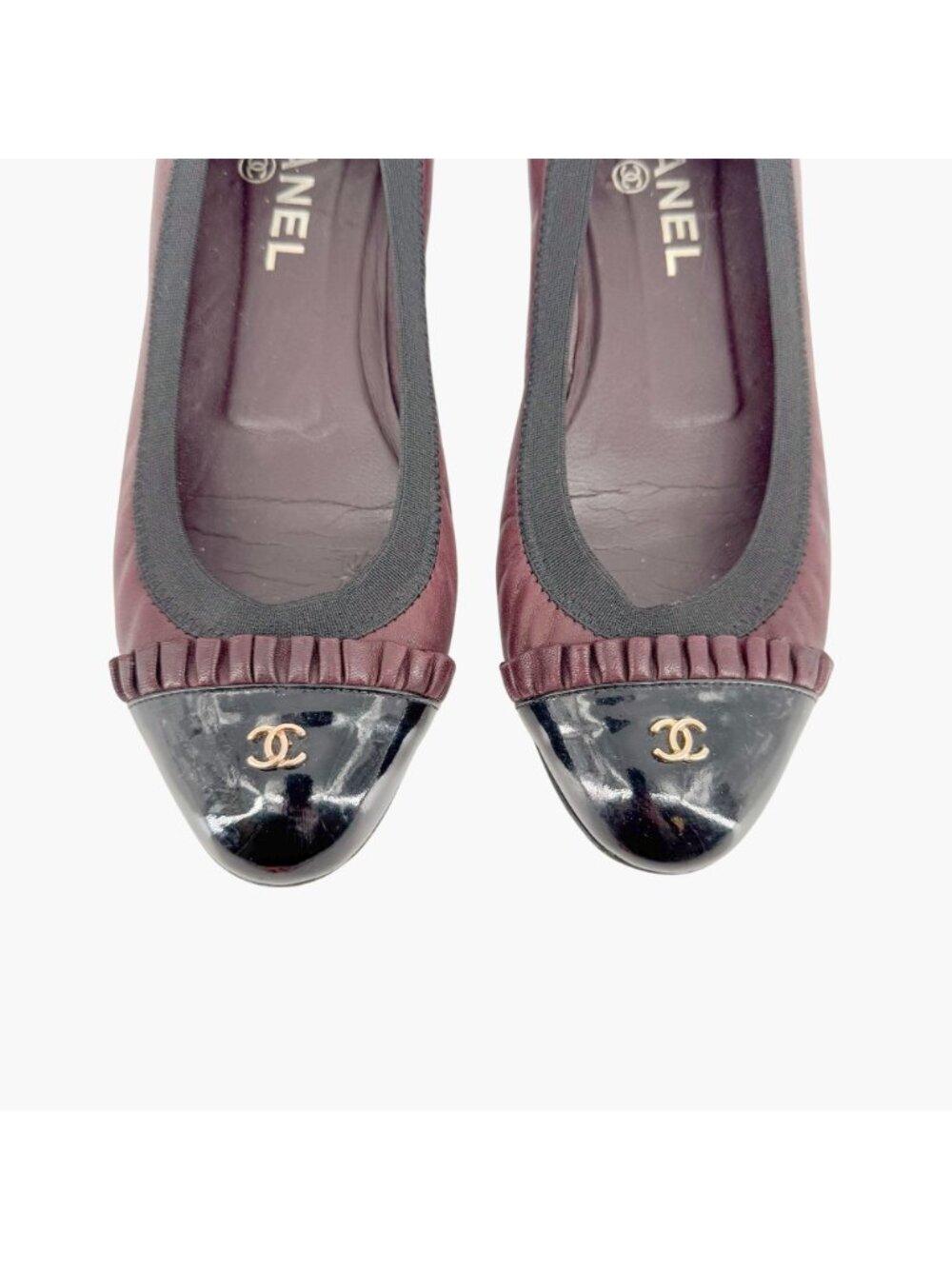 Chanel CC Ruffle Cap Toe Ballet Flats EU 37 US 6-6.5 Brown Burgundy Leather - Picture 3 of 15